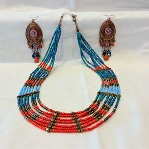 Southwest American Indian Design Bib Necklace & Matching Dangly Earrings Beaded